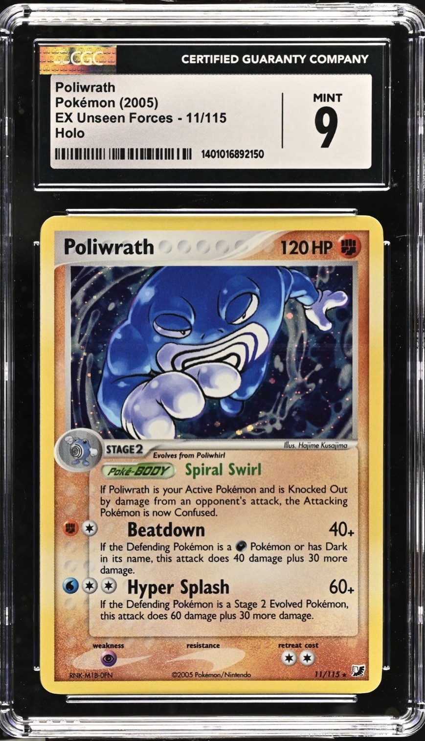 CGC 9 Mint 2005 Poliwrath 11/115 Unseen Forces Holo Pokemon Card