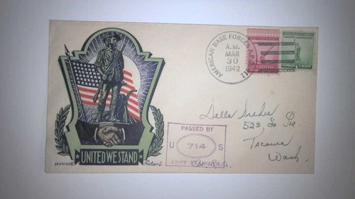 WWII PATIOTIC COVER:  1942 UNITED WE STAND W/CENSOR STAMP