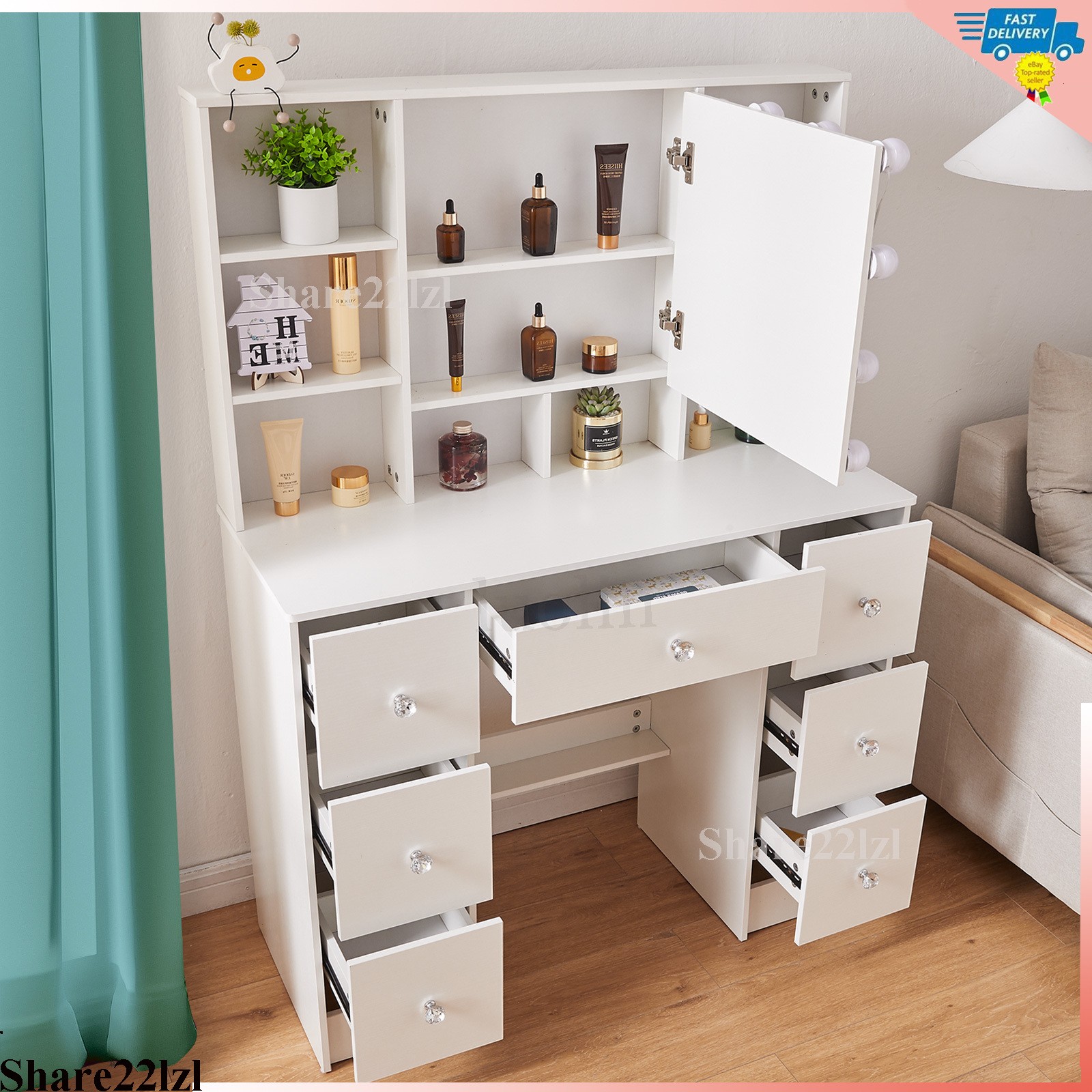 Vanity Set with Led Lights Mirror Makeup Desk Dressing Dresser Table 7 Drawers