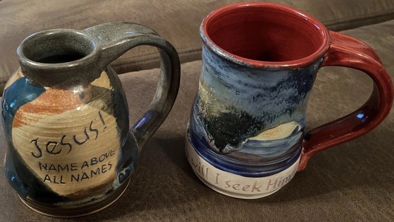 Lot Of 2 Signed Mc Murray Handthrown Pottery Heavy Duty Coffee Tea Mug Cup Jesus
