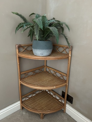 Mensola angolare vintage bambù 3 ripiani tessuto rattan boho chic retrò