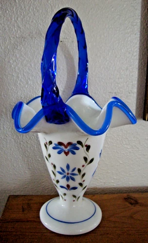 Fenton Ruffled Blue Crest White Milk Glass Basket VASE 6” Handpainted K Anderson