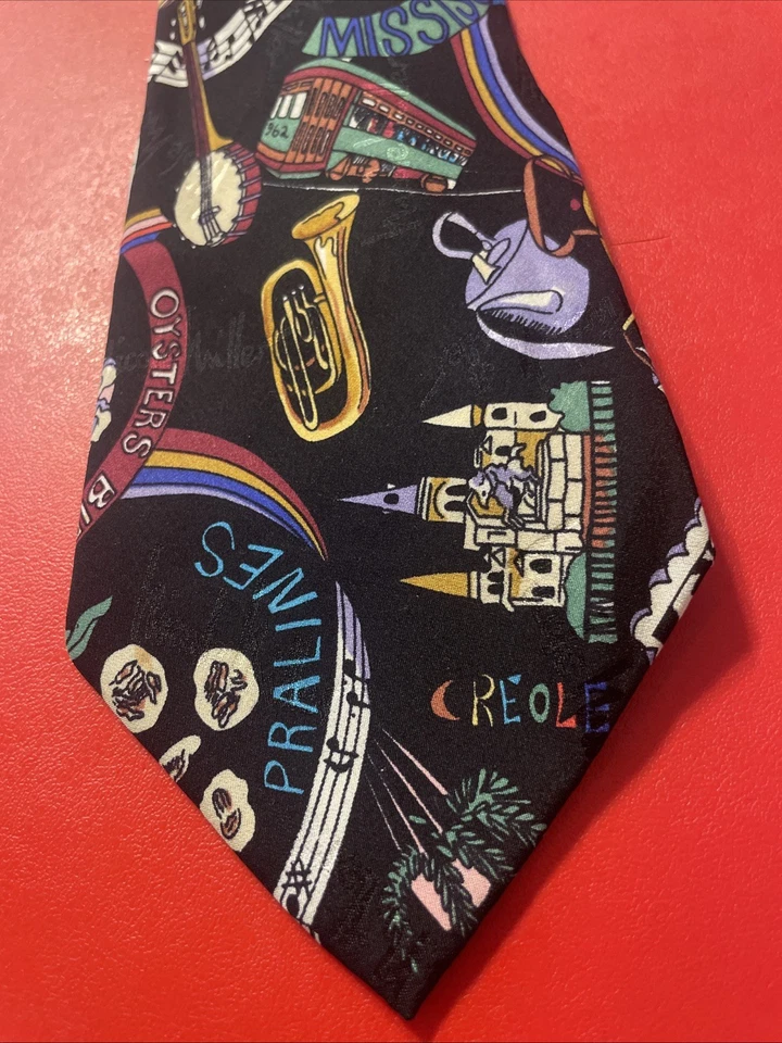 Corbata de seda vintage usada en excelente estado Nicole Miller 1995 música Zydeco tema cajún arte pop Foto 2 de 4
