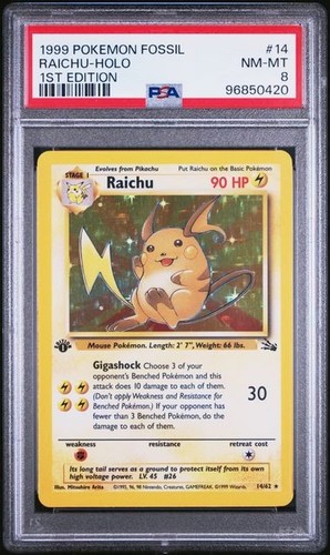 1999 POKEMON FOSSIL 14 RAICHU HOLO 1ST EDITION PSA 8 NM MT