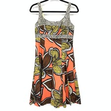 Nine West A-Line Dress Womens Sz 8 Sleeveless Tropical Floral Print Coral Brown