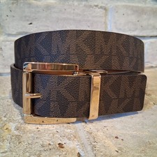 Michael Kors Womens Reversible Belt Brown MK Signature Logo Gold Buckle XL 38