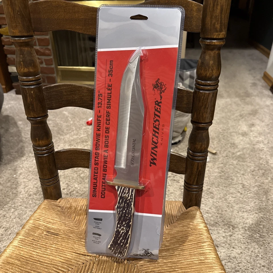 Cuchillo de caza Winchester 13,75" XL imitación hueso de ciervo clip punta Bowie desollado Foto 2 de 4