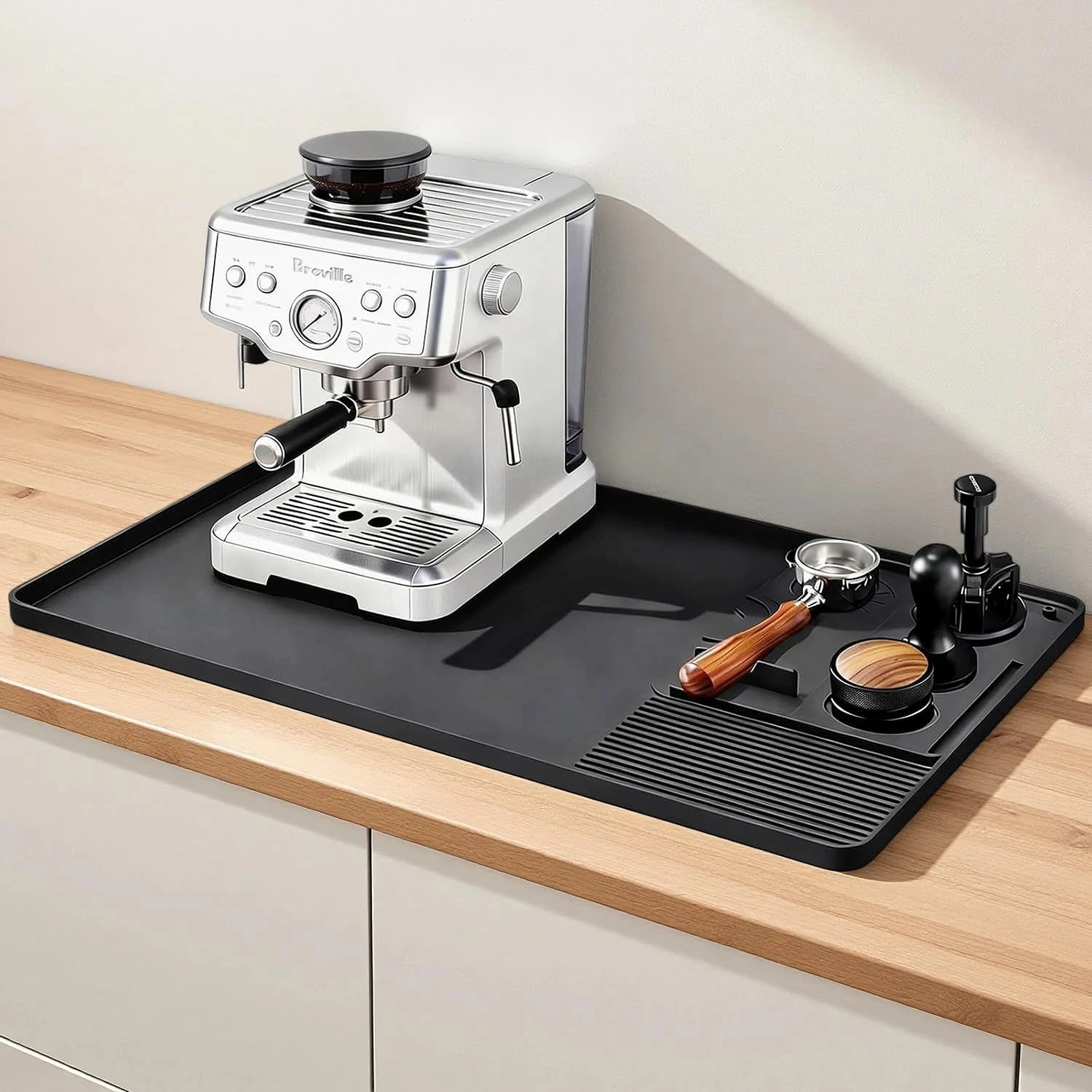 Coffee Machine Mat with Detachable Tamper Mat, Large Black