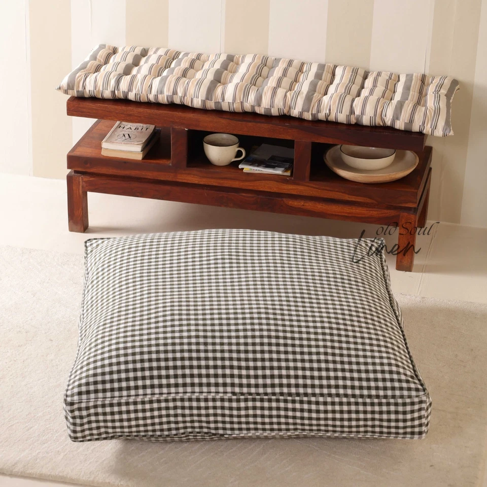 Capa almofada de chão de linho gaze feita à mão boho xadrez gingham pufe fronha - Imagem 3 de 4