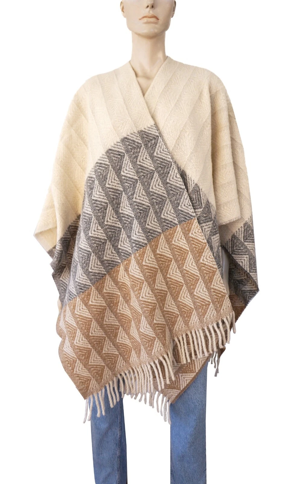 LOCAL Fringed Colorblock Wool Blend Jacquard Blanket Poncho ONE SIZE