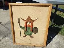 Antique Yarn Embroidered Norwegian Norway Viking on Gunny Sack Folk Art