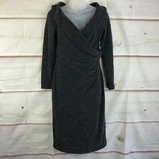 Lauren Ralph Lauren Dress Womens 2 Faux Wrap V-Neck Black Glitter Collar Sheath