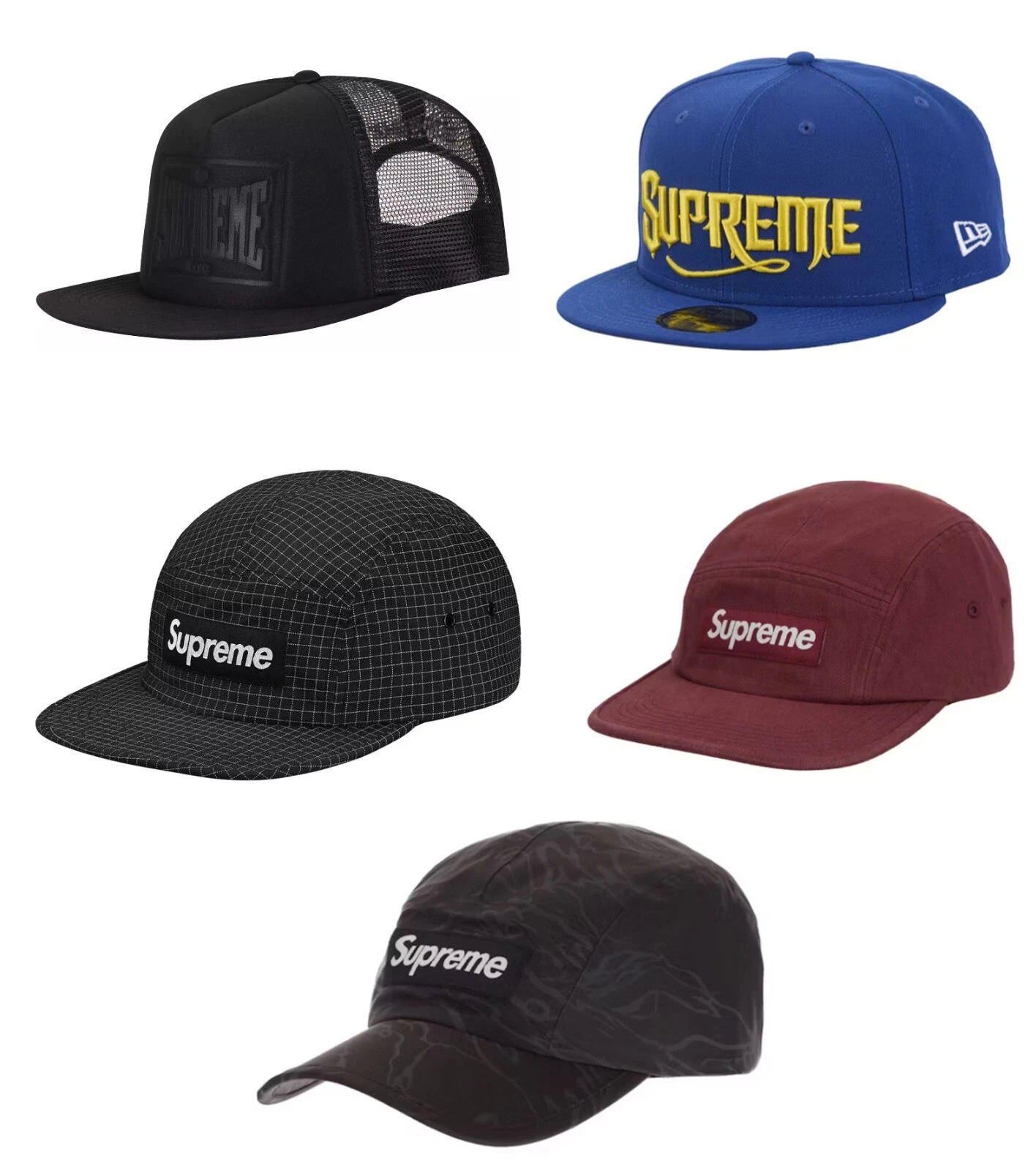 Casquette de camp Supreme Denim maille estampillée 59Fifty ajustée dos 5 panneaux noir royal