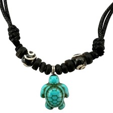 Turquoise Turtle Pendant Beaded Black Cord Chain Necklace Mens Womens Jewellery