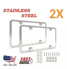 2Pcs Chrome Stainless Steel Metal License Plate Frame Tag Cover With Screw Caps