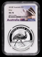 2018 Austrailia Emu S$1 NGC MS70 Sydney Opera House Label .999 Silver