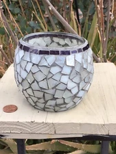 Mosaic on Glass Planter Candle Holder Home Decor Round White With Navy Trim 4”