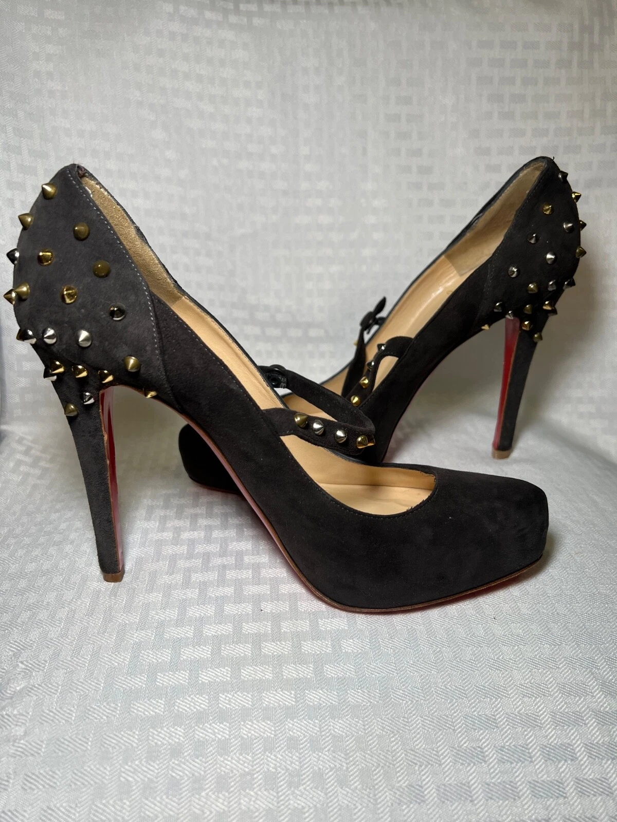 Christian Louboutin — Christian Louboutin Suede Charcoal Stud Mary Jane Pumps  5.25 Heel Height Sz 11