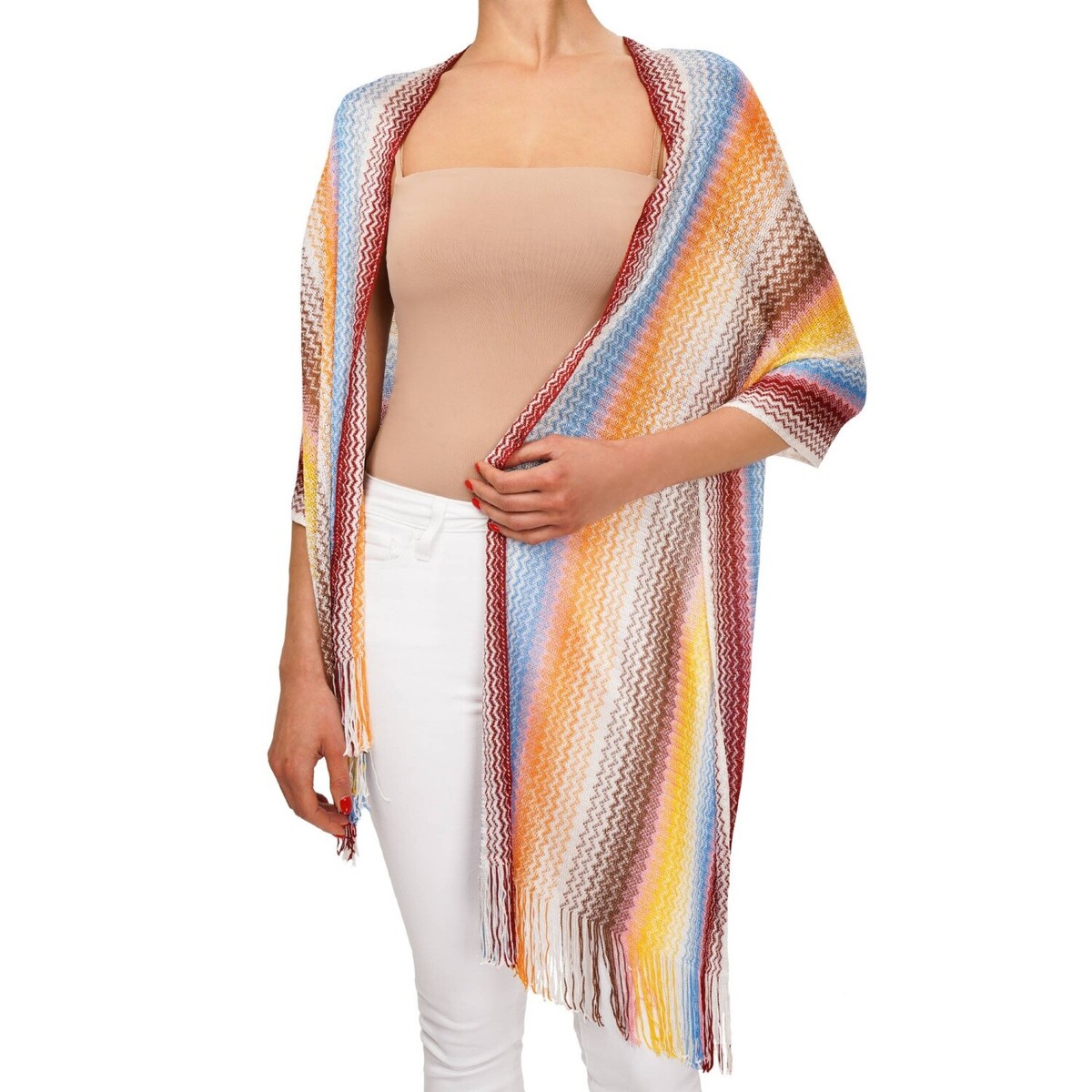 MISSONI Zigzag Woven Shawl Scarf Foulard Blue Orange White Pink
