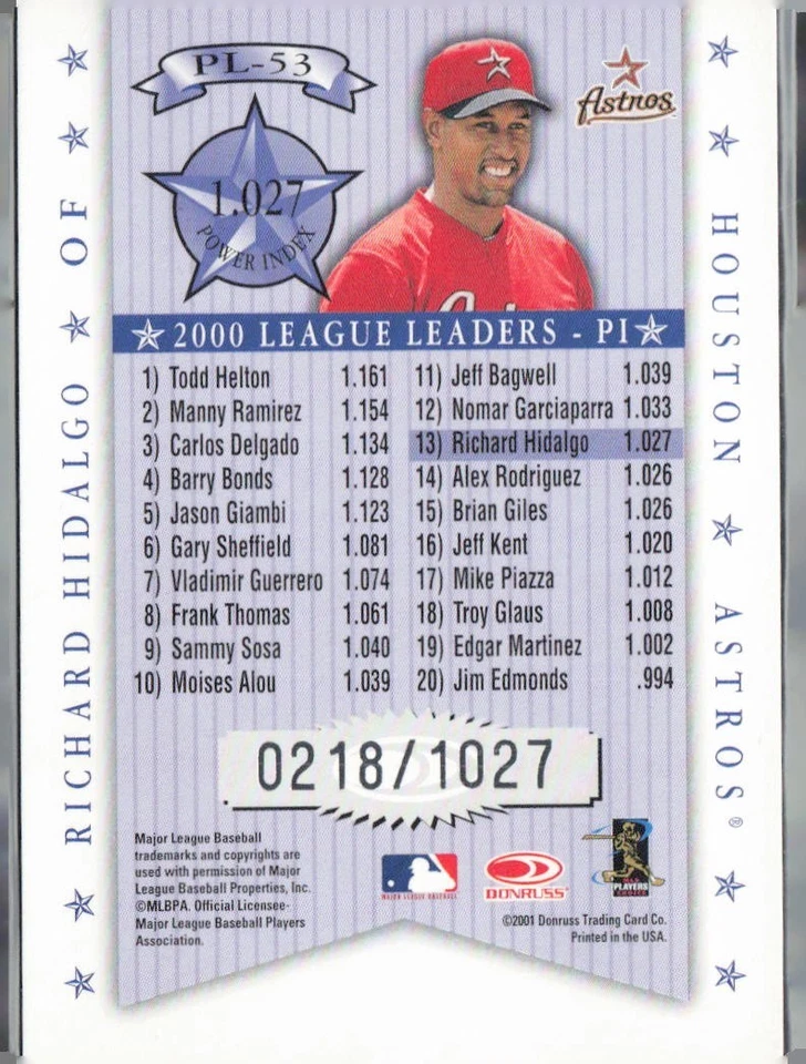 2001 Donruss Production Line Richard Hidalgo Card #PL-53 Serial #0218/1027 - Image 2 of 2