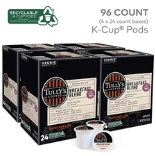 96 Tully's Breakfast Blend Extra Bold Coffee Keurig K-Cup Pod Light Roast 96 Ct.