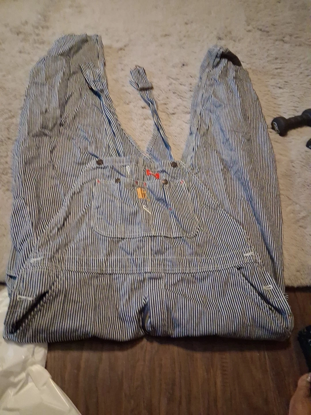 Dickies Overalls Mens 42x32 Denim Bib Carpenter Work White & blue pinstripe