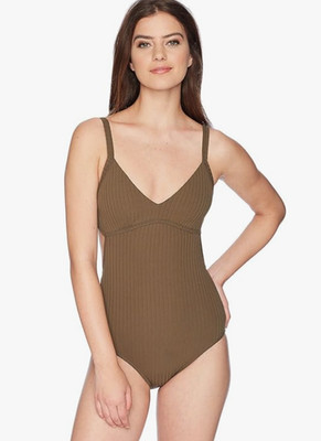 Seafolly Women Inka Rib Maillot Dark Olive One P. Swimsuit Sz 6 US