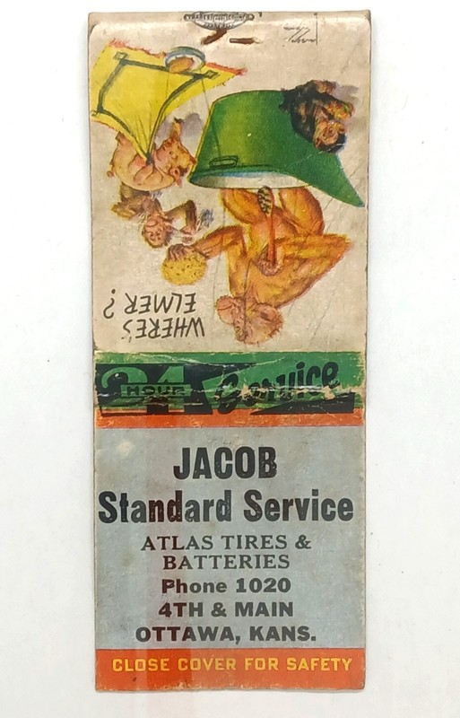 Vintage matchbook cover from Jacob Standard Service 4th & Main in Ottawa, Kansas