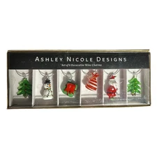 ASHLEY NICOLE Designs Christmas Hand Blown Glass Wine Charms Set of 6 NIB