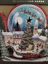 Set 16 Ling Design LUXURY CHRISTMAS CARDS SANTA VILLAGE Snow Globe Train Gold 