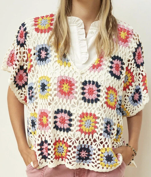New $180 Anthropologie Crochet Colorblock Granny Square Poncho Sweater O/S Lg