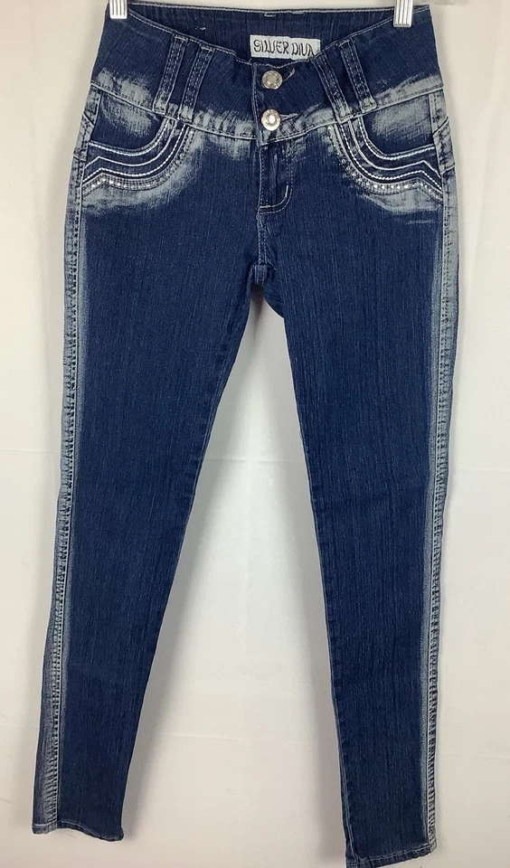 Pantalones de mezclilla Levanta Cola plateados para mujer elásticos push-up estilo colombiano, talla 3 Foto 4 de 4