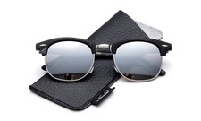 Half Wood Style Frame Sunglasses Flash Mirror Round Lens with Faux Leather Case