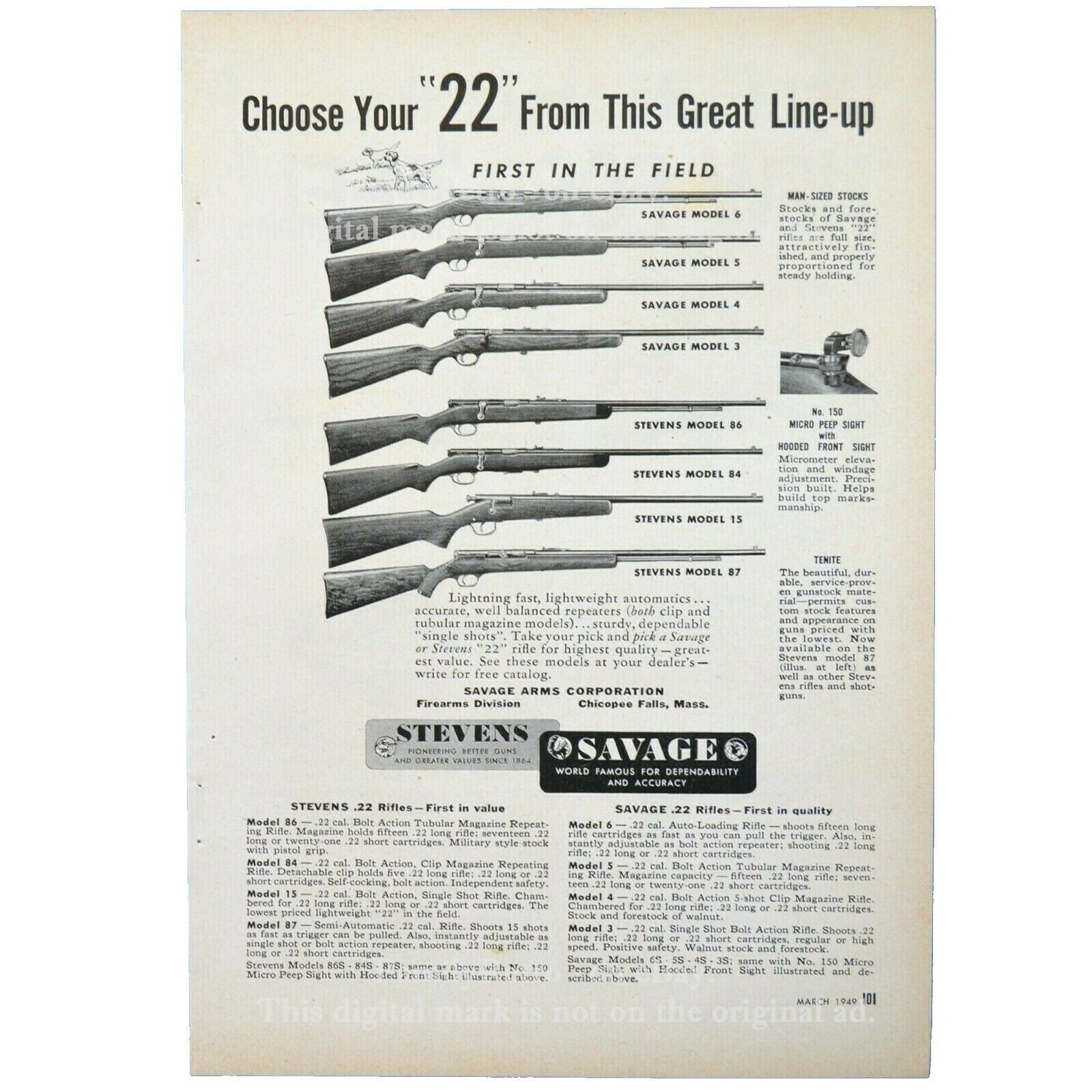 Stevens Savage 22 rifles 1949 Ford Feel  Popular Science magazine ad