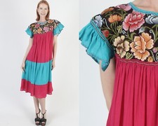 Vtg Hand Stitched Mexican Gauze Dress Embroidered Ethnic Colorblock Sundress