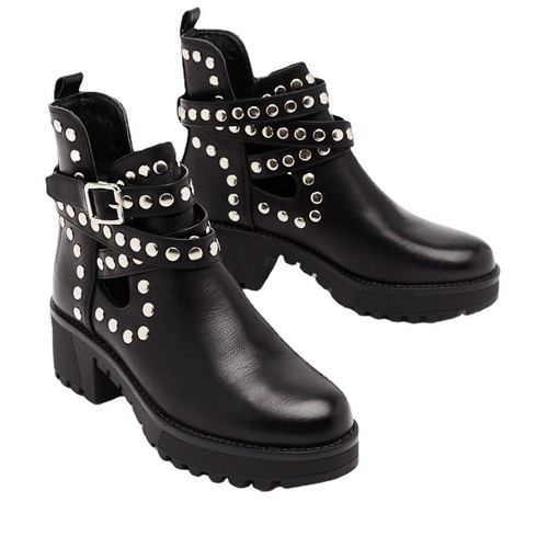 Womens Boots Rivet Low-Heel Thick Chain 