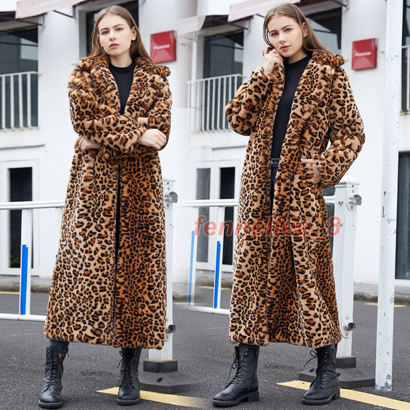 Womens Luxury Faux Fur Leopard Long Coat Lapel Trench Jacket Thick