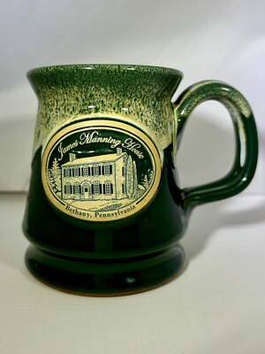Deneen Pottery  Coffee Mug Green With Medallion   Pocono Mountains Manning House