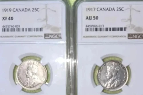 RARE 1917 + 1919 25 CENT SILVER CANADA COINS GRADED SLABBED BY NGC TOP YEARS 