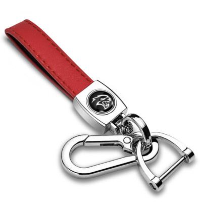 Dodge Hellcat in Black on Genuine Red Leather Loop-Strap Chrome Hook Key Chain