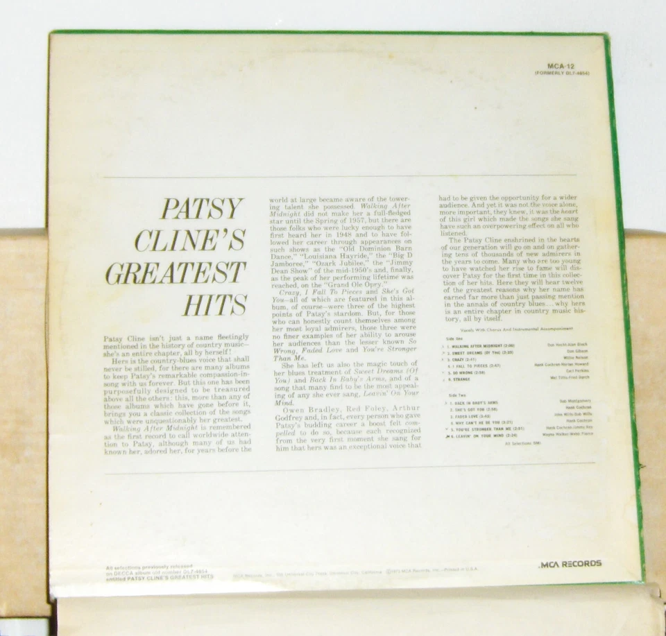 Patsy Cline – Greatest Hits - 1980 LP Record Album - Vinyl Excellent Foto 2 de 2