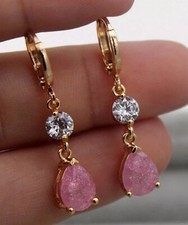 New 18K Yellow Gold Filled Pink Teardrop  Clear Round CZ Hoop Dangle Earrings
