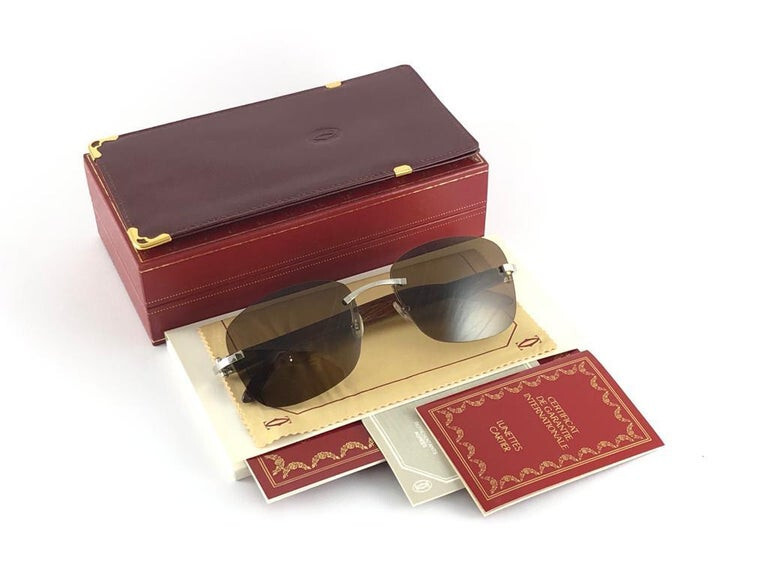 NEW VINTAGE CARTIER WOOD C MONOGRAM DECOR PLATINE PLATED RIMLESS SUNGLASSES