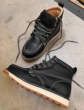 MEN'S WORK BOOTS MOC TOE GENUINE LEATHER LACE UP SAFETY BLACK COLLAR SOFT #514