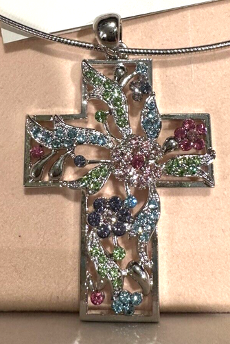 Antique Holy Cross Brooch Pin - Brass Tone With Multicolored Crystal Rhinestones, Convertible To Pendant