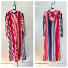 VTG 60s 70s Mod MCM Hooded Tunic Caftan Maxi Striped Lounge Wear Hostess Dress