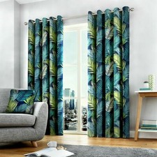 Image of Fusion 100% Cotton Tropical Palm Leaf Print Lined Eyelet Curtains OR Cushions