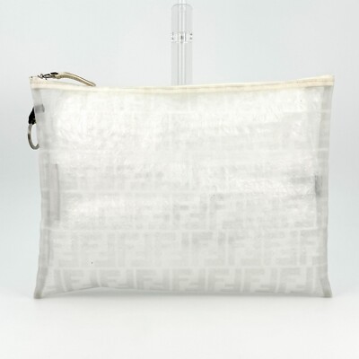 Fendi Clutch bag Pouch Purse mesh Zucca Nylon Ring White silver Auth From Japan