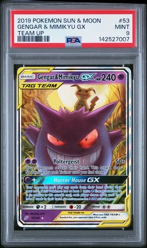 2019 POKEMON SUN & MOON TEAM UP #53 GENGAR & MIMIKYU GX PSA 9