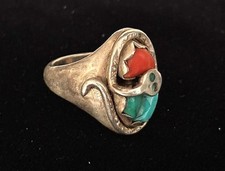 Vintage Zuni turquoise / coral sterling silver snake ring size 10, 23.9 g signed